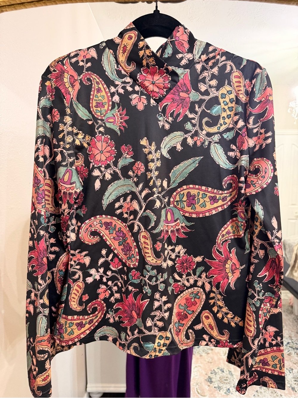 Black Paisley Floral Button-Up Blouse